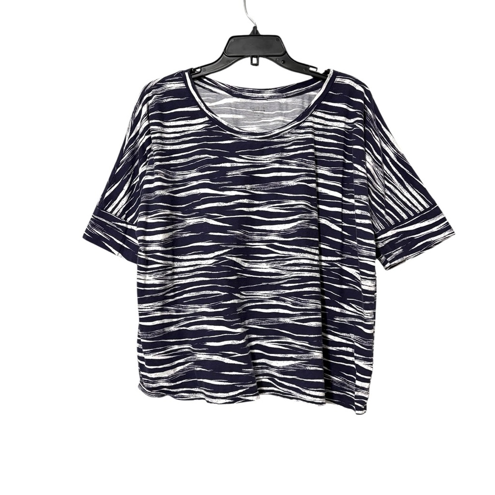 Garnet‎ Hill Size Medium Navy Blue White Striped Short Sleeve Shirt Artsy Boho